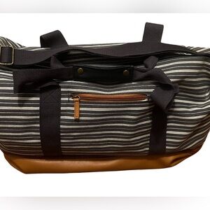 Striped weekender with tan faux leather shoe compartment